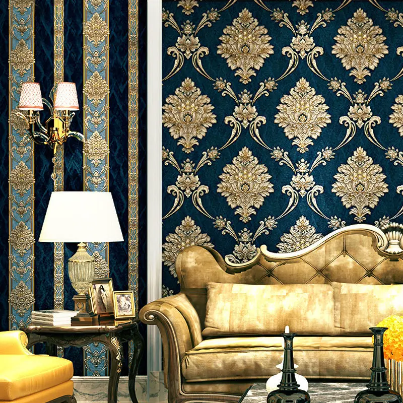 European Style Blue Damask 3D  - đánh giá và giá Luxury Lifestyle Wallpaper