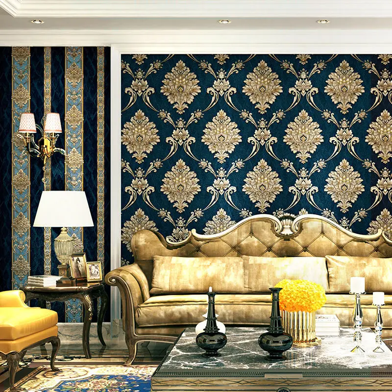 European Style Blue Damask 3D  - đánh giá và giá Luxury Lifestyle Wallpaper